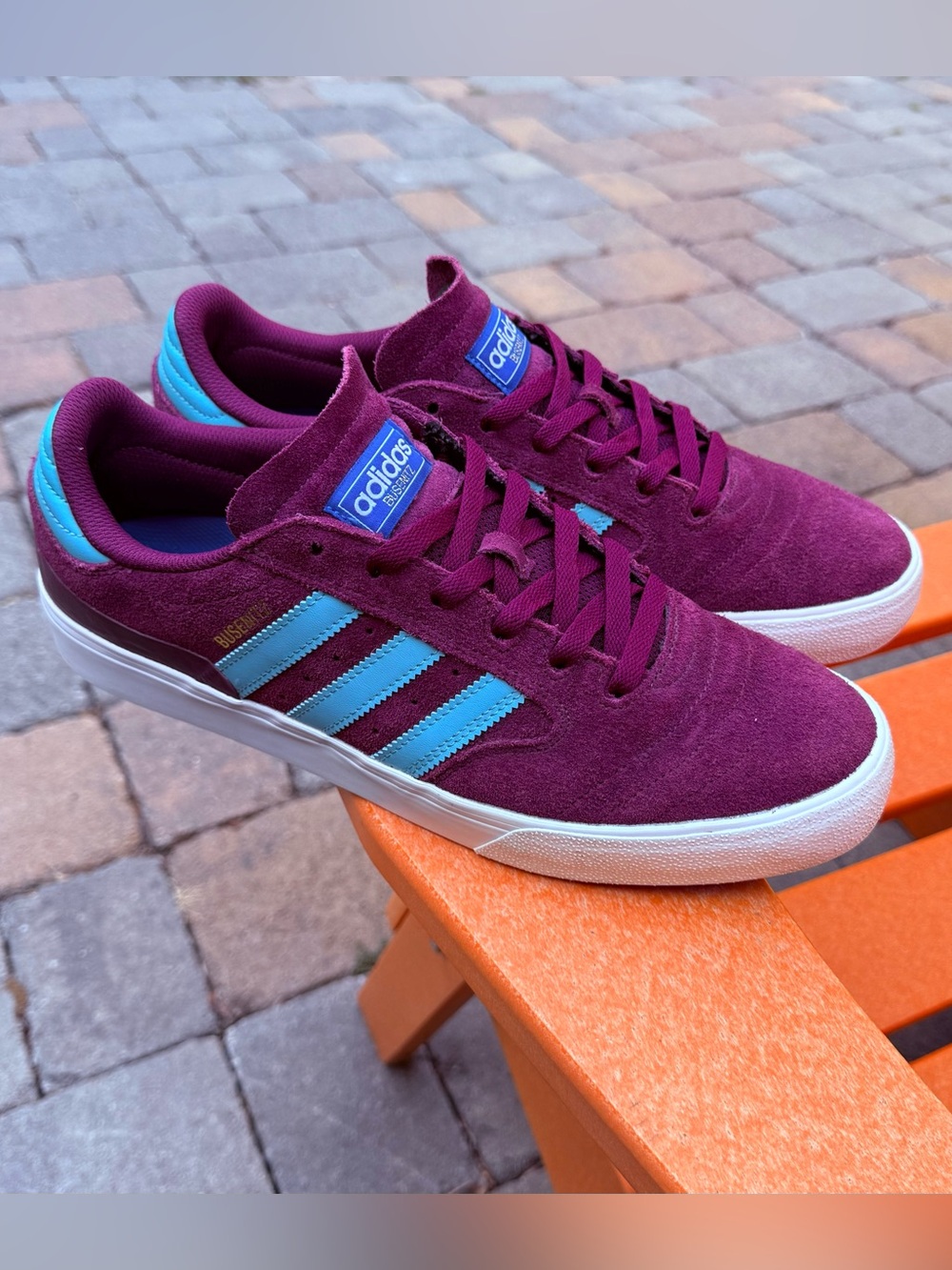 Adidas Busenitz Vulc Maroon Suede Skate Sneakers with Blue Stripes